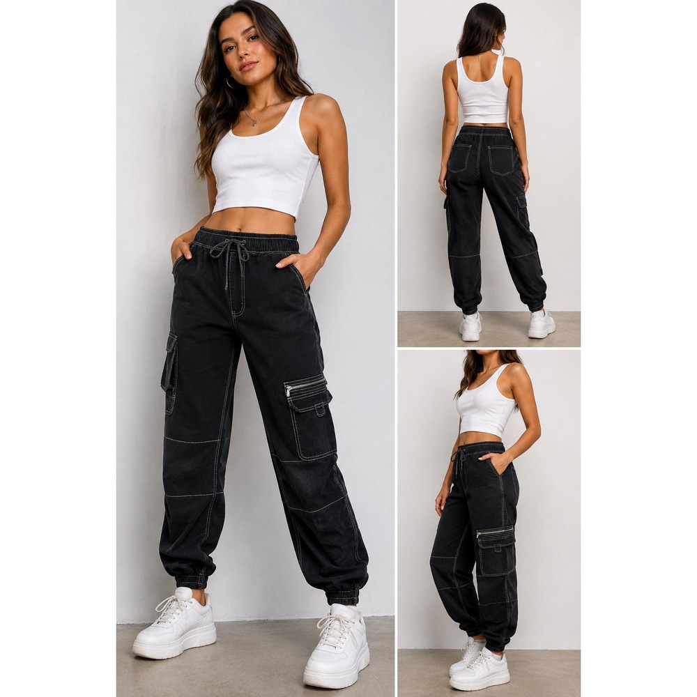 Hot Topic Black Cargo Joggers White Contrast Stitch Elastic Waist Pants Small